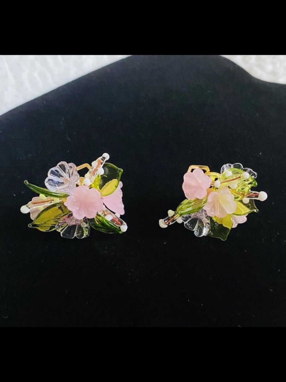 Vintage Germany Cluster Floral Clip On Earrings Beads Flower Pink Hawaiian Tulip
